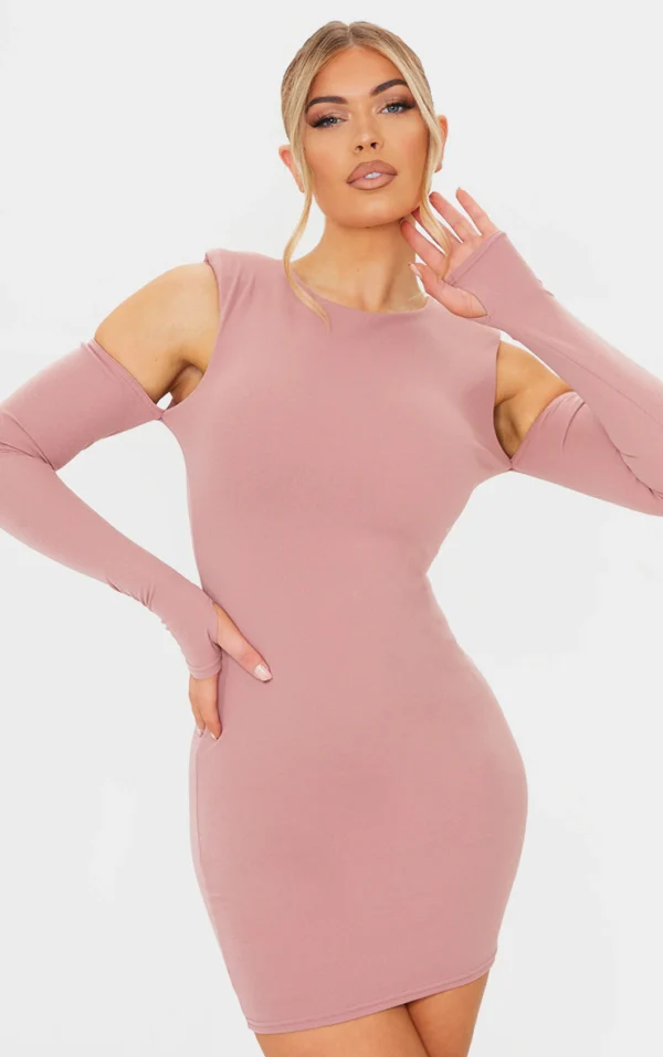 Dark Nude Shoulder Pad Cold Shoulder Thumb Hole Bodycon Dress