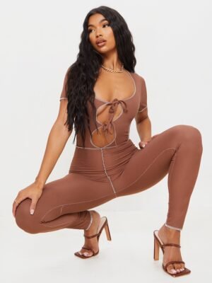 Chocolate Tie Front Contrast Seam Short Sleeve Jumpsuit