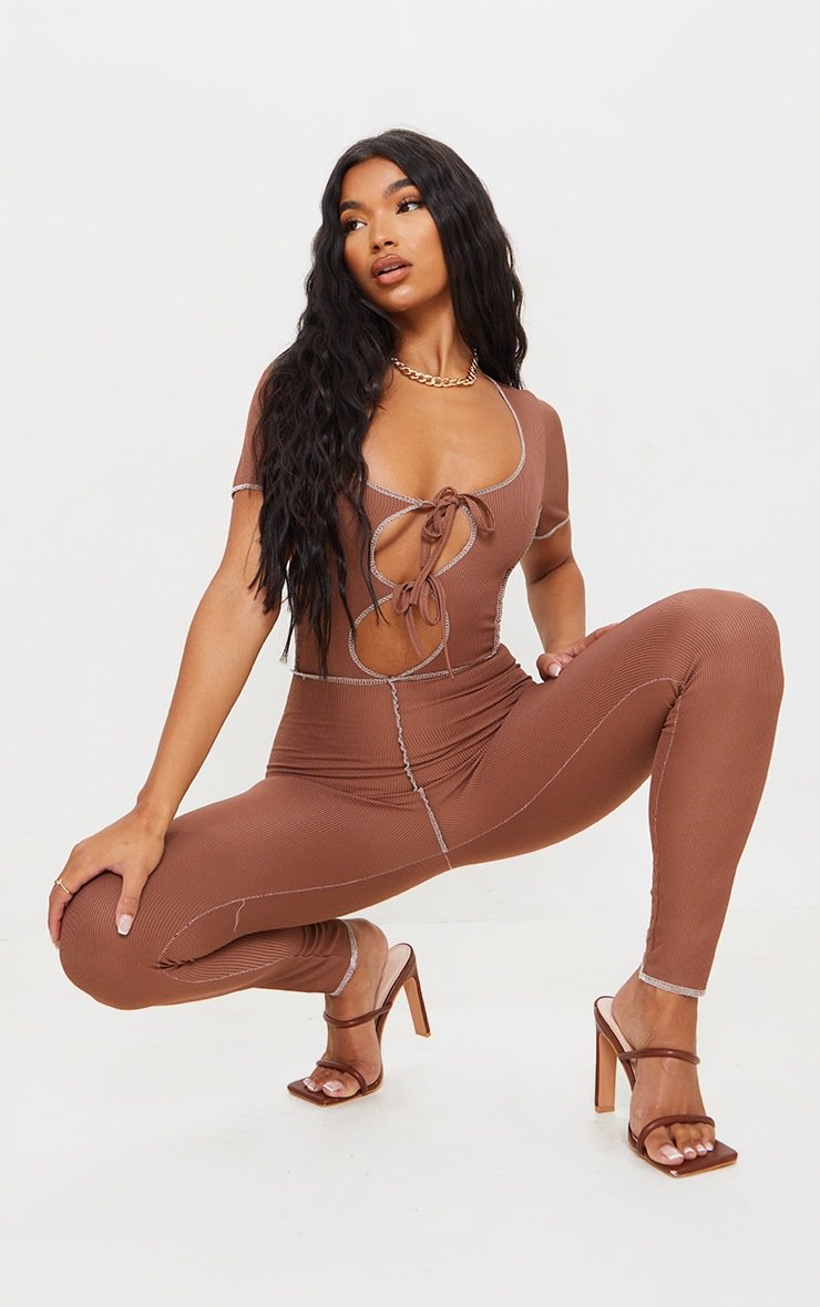 Chocolate Tie Front Contrast Seam Short Sleeve Jumpsuit