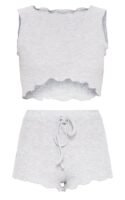 Grey Ribbed Frill Edge Short PJ Set