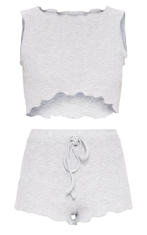 Grey Ribbed Frill Edge Short PJ Set