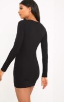 Black Long Sleeve Wrap Skirt Bodycon Dress