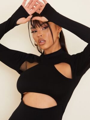 Black Jersey High Neck Long Sleeve Cut Out Detail Bodycon Dress4