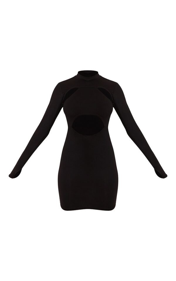 Black Jersey High Neck Long Sleeve Cut Out Detail Bodycon Dress