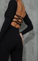Black Lace Up Back Puff Sleeve Jumpsuit