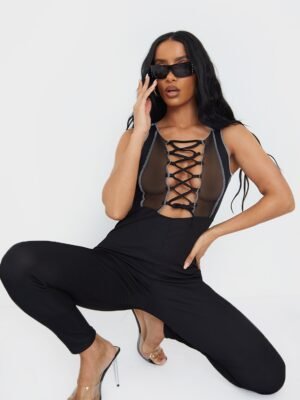 Black Lace Up Contrast Seam Sleeveless Jumpsuit