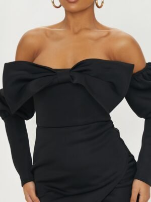Black Scuba Bow Detail Puff Sleeve Bardot Bodycon Dress 4