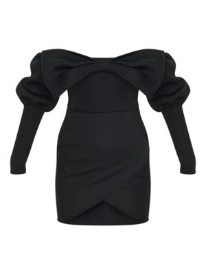 Black Scuba Bow Detail Puff Sleeve Bardot Bodycon Dress
