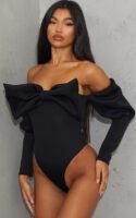 Black Scuba Bow Detail Puff Sleeve Bardot Bodysuit
