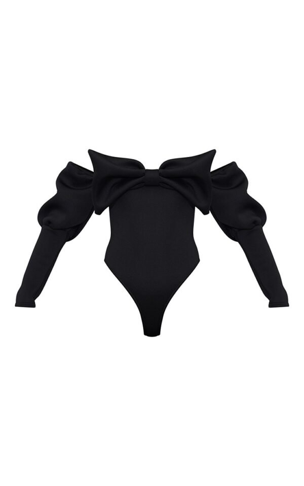 Black Scuba Bow Detail Puff Sleeve Bardot Bodysuit