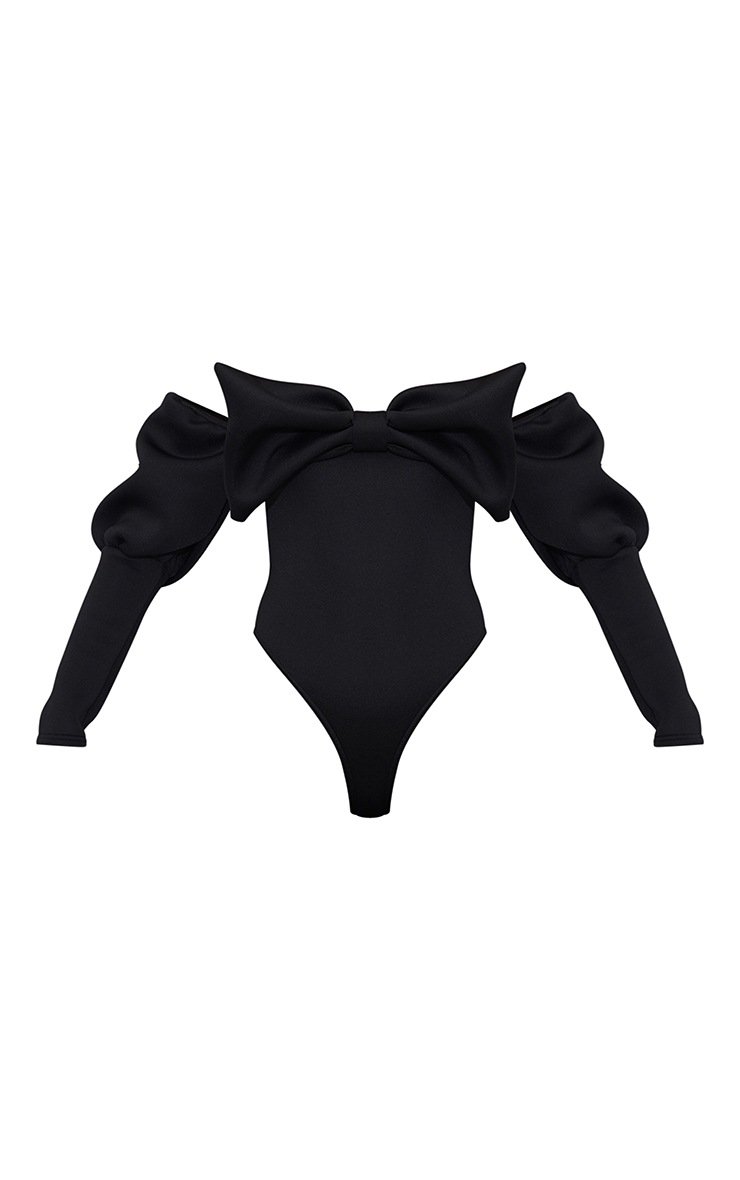 Black Scuba Bow Detail Puff Sleeve Bardot Bodysuit