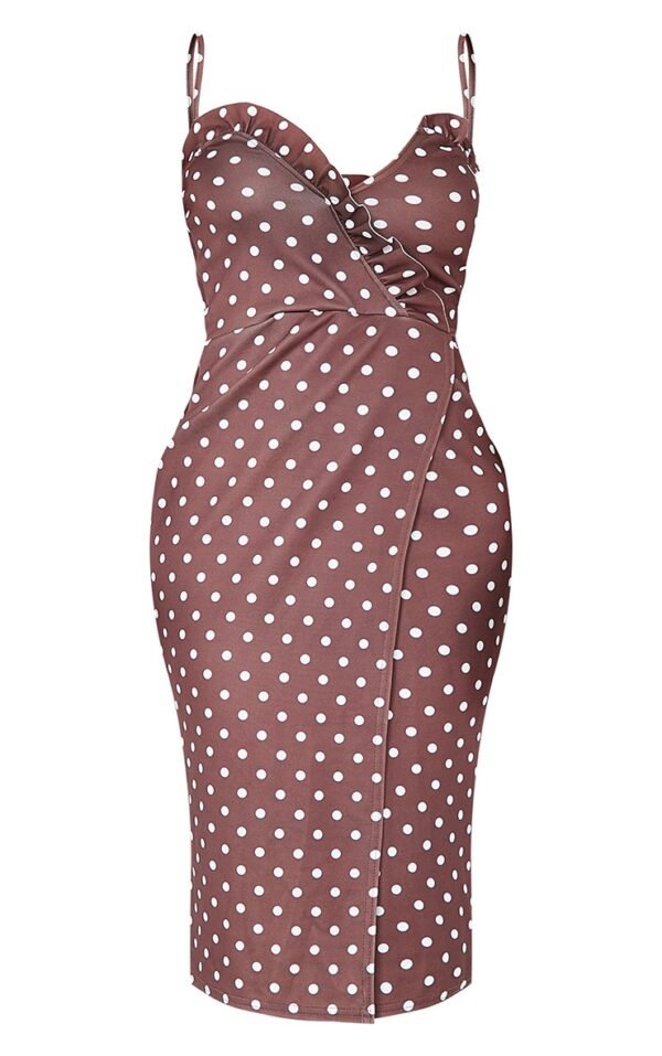 Chocolate Polka Dot Frill Detail Wrap Midi Dress