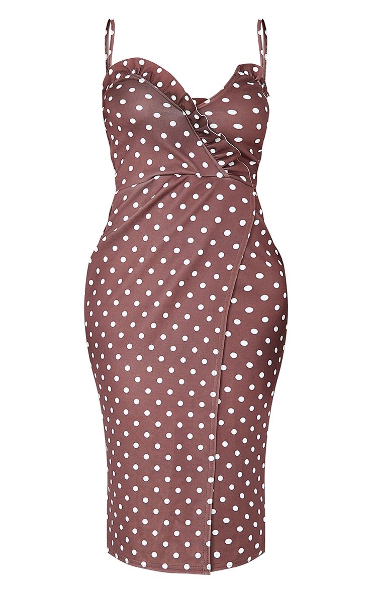 Chocolate Polka Dot Frill Detail Wrap Midi Dress
