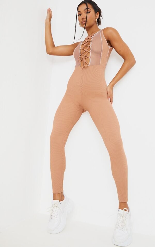 Camel Lace Up Contrast Seam Sleeveless Jumpsuit
