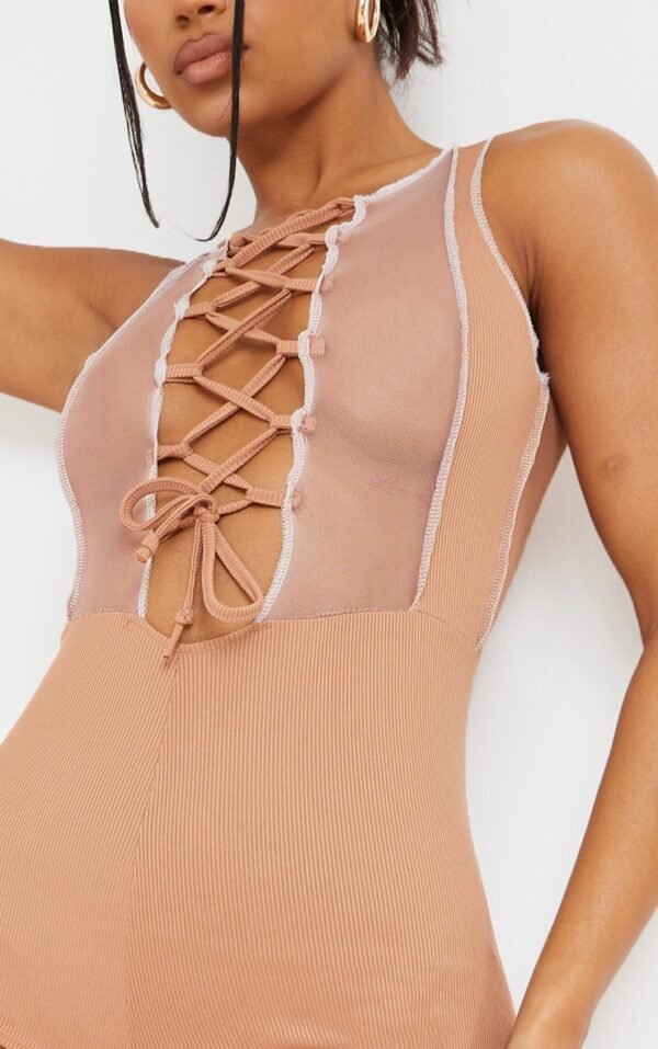 Camel Lace Up Contrast Seam Sleeveless Jumpsuit