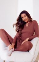 Chocolate Long Sleeve V Neck Tie Waist Jumpsuit