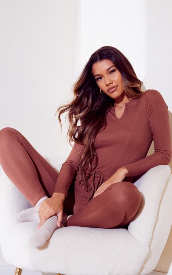 Chocolate Long Sleeve V Neck Tie Waist Jumpsuit