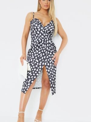 Black Dalmatian Frill Detail Wrap Midi Dress