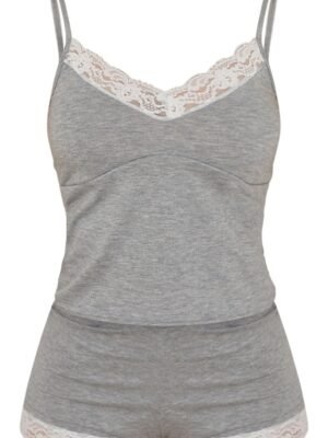Grey Lace Trim Soft Jersey Cami And Shorts PJ Set