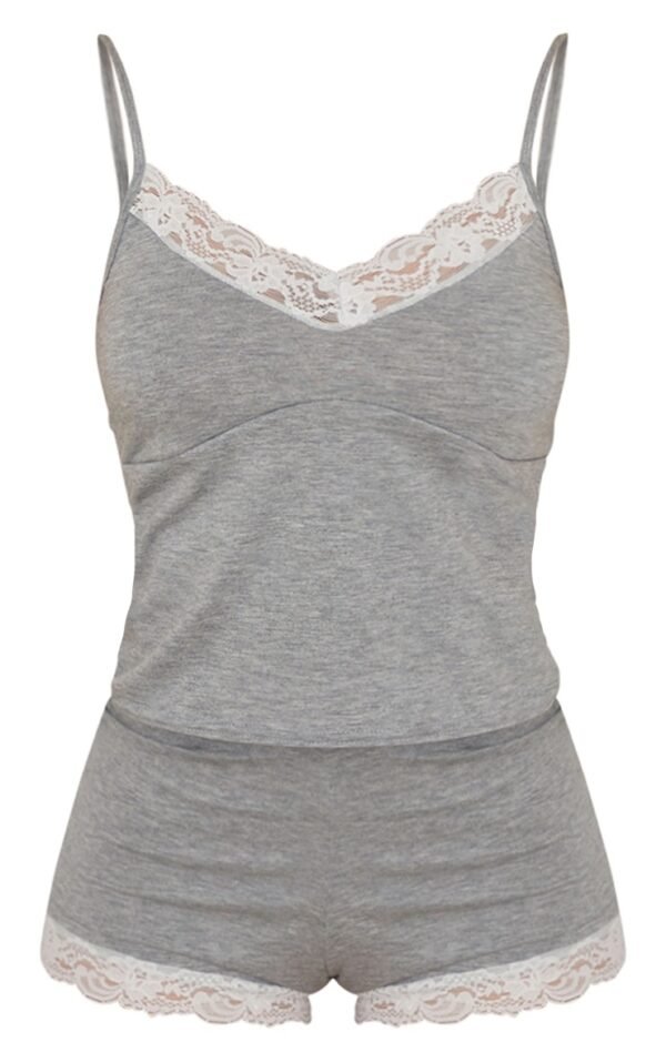 Grey Lace Trim Soft Jersey Cami And Shorts PJ Set