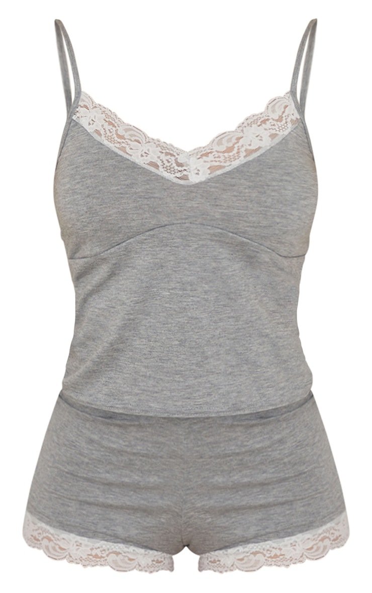 Grey Lace Trim Soft Jersey Cami And Shorts PJ Set