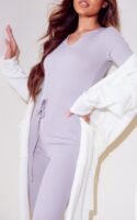 Grey Marl Long Sleeve V Neck Tie Waist Jumpsuit