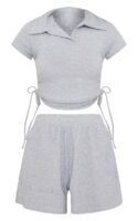 Grey Ruched Side Collared Rib Short PJ Set