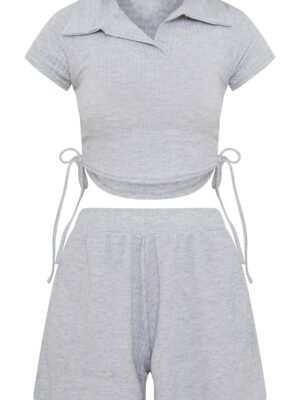 Grey Ruched Side Collared Rib Short PJ Set