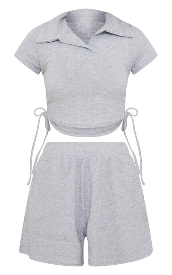 Grey Ruched Side Collared Rib Short PJ Set