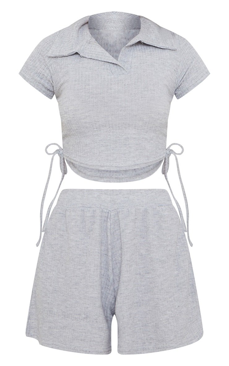 Grey Ruched Side Collared Rib Short PJ Set