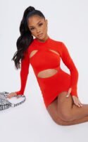 Orange Jersey High Neck Long Sleeve Cut Out Detail Bodycon Dress
