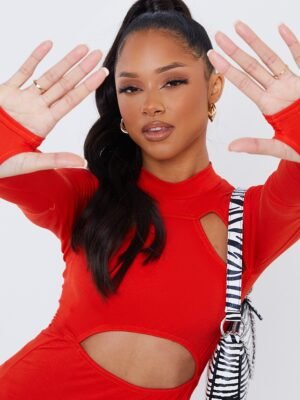 Orange Jersey High Neck Long Sleeve Cut Out Detail Bodycon Dress4