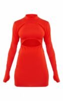 Orange Jersey High Neck Long Sleeve Cut Out Detail Bodycon Dress