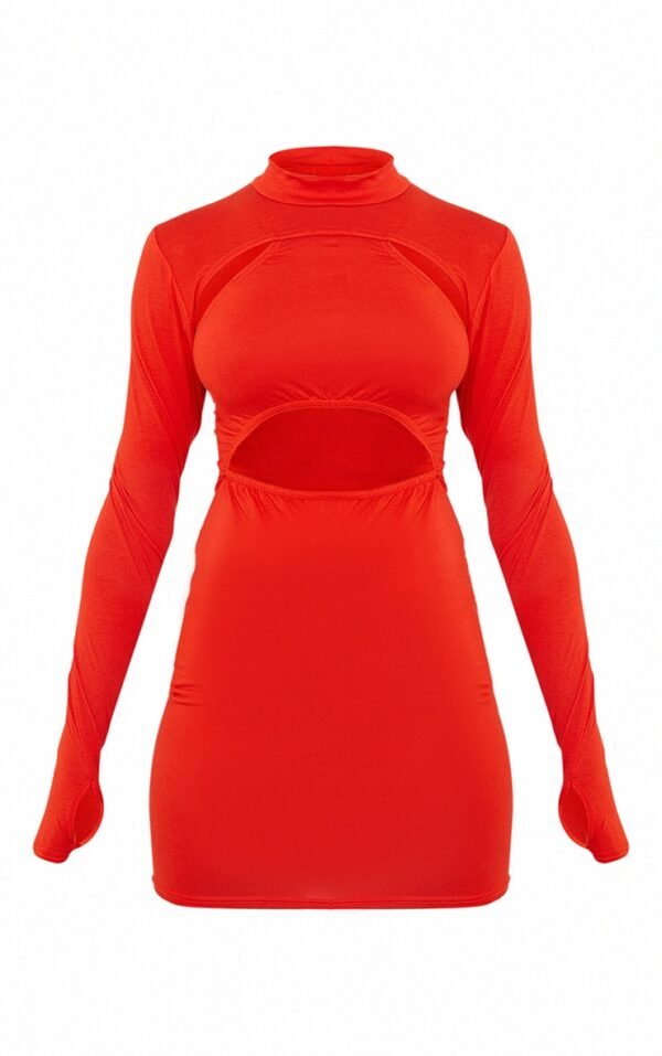 Orange Jersey High Neck Long Sleeve Cut Out Detail Bodycon Dress