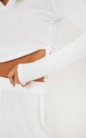 White Ruched Side Collared Rib Long Sleeve PJ Set