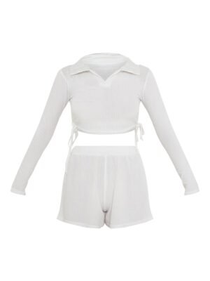 White Ruched Side Collared Rib Long Sleeve PJ Set