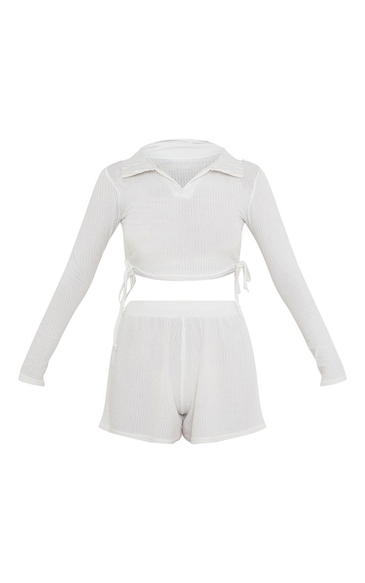 White Ruched Side Collared Rib Long Sleeve PJ Set