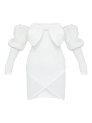 White Scuba Bow Detail Puff Sleeve Bardot Bodycon Dress