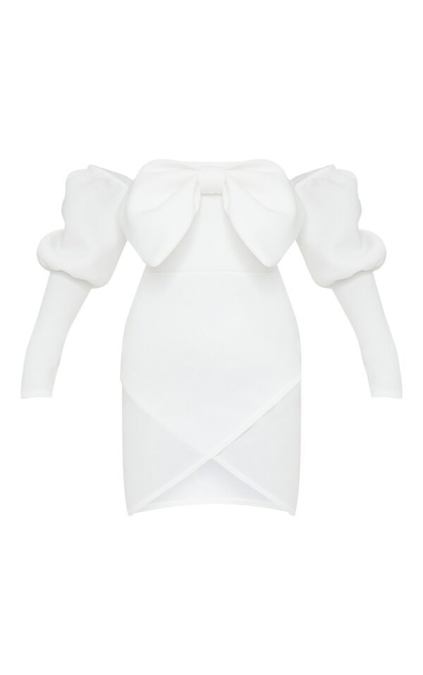 White Scuba Bow Detail Puff Sleeve Bardot Bodycon Dress