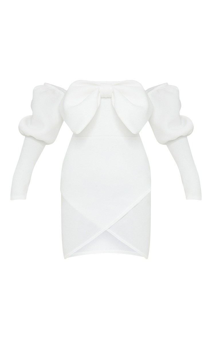 White Scuba Bow Detail Puff Sleeve Bardot Bodycon Dress