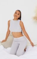 Grey Ribbed Legging And Frill Edge Crop Pj Set