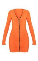 Orange Slinky Ruched Zip Through Bodycon Dress