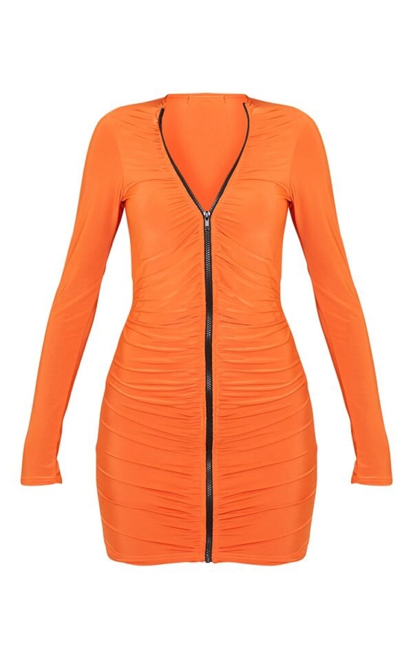 Orange Slinky Ruched Zip Through Bodycon Dress