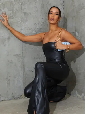 Black PU Strappy Split Hem Flare Jumpsuit
