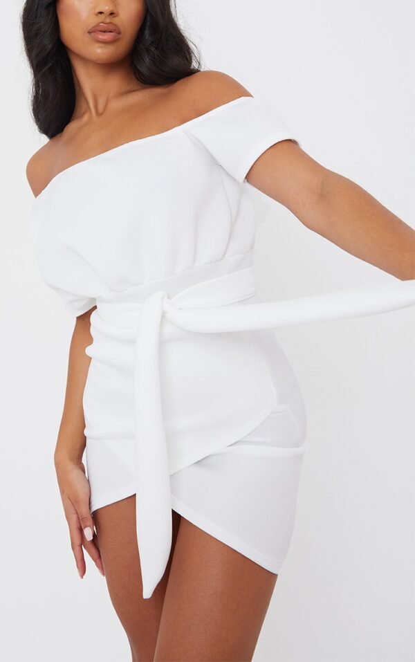 White Scuba Off Shoulder Tie Waist Bodycon Dress