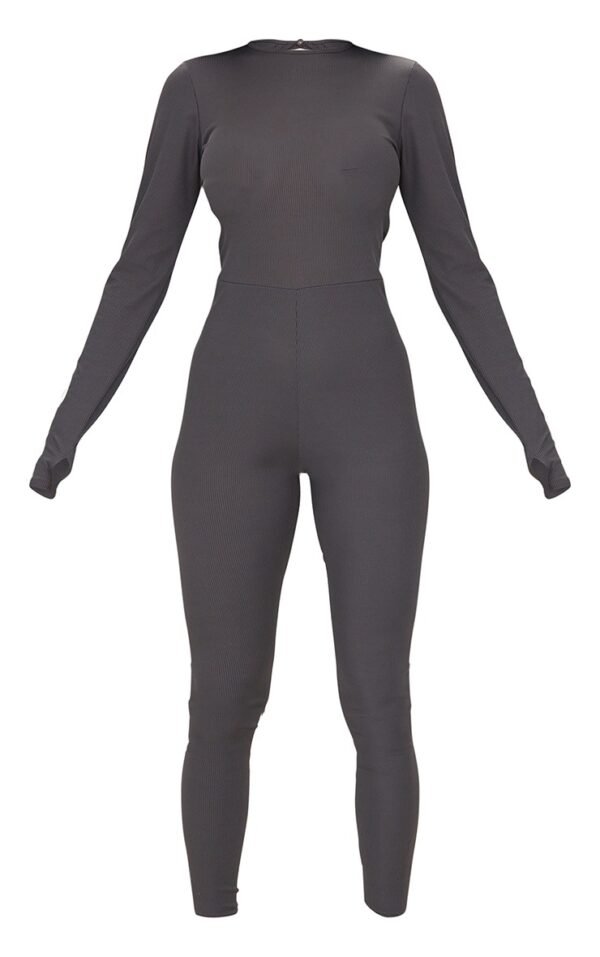Charcoal Rib Long Sleeve Thumb Hole Jumpsuit