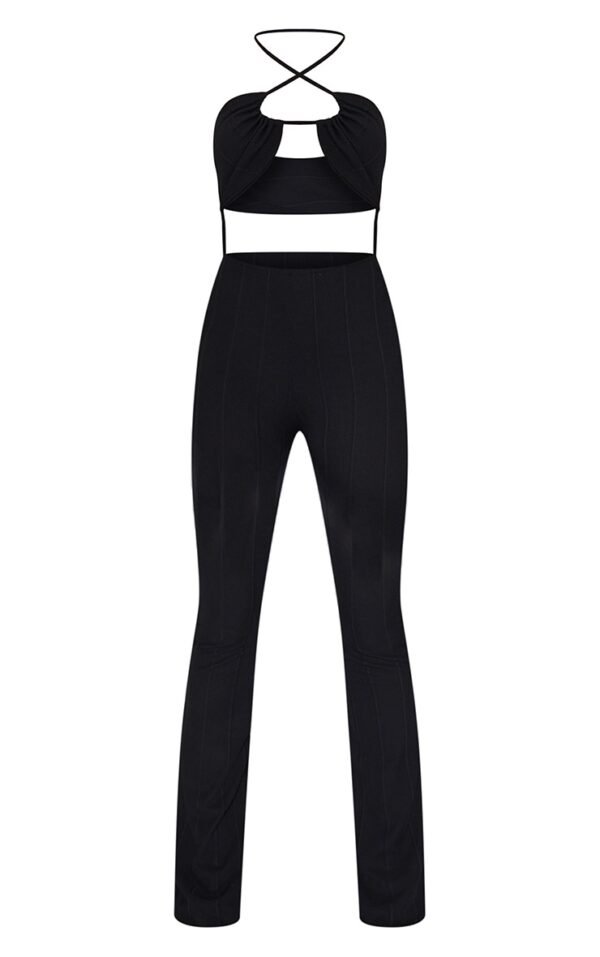 Black Bandage Rib Cross Back Flared Jumpsuit