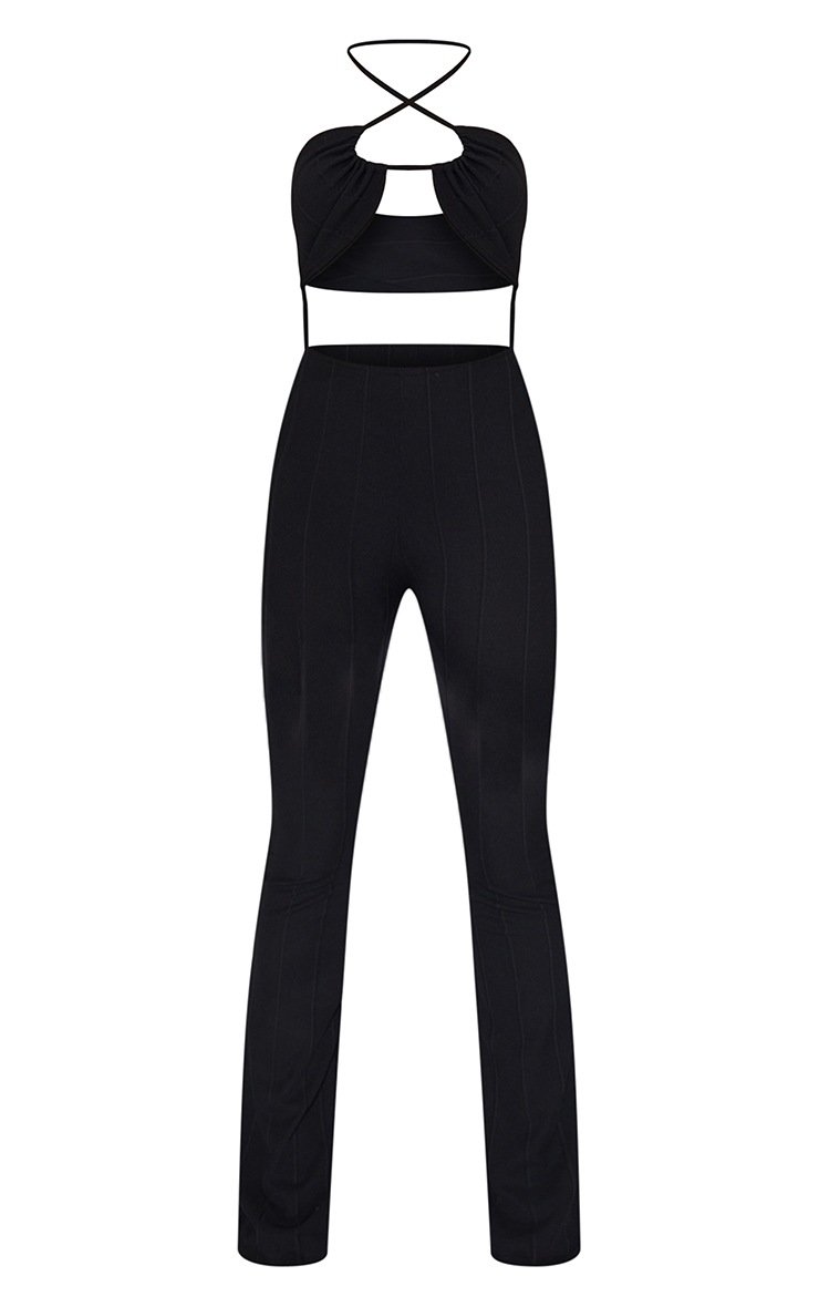 Black Bandage Rib Cross Back Flared Jumpsuit