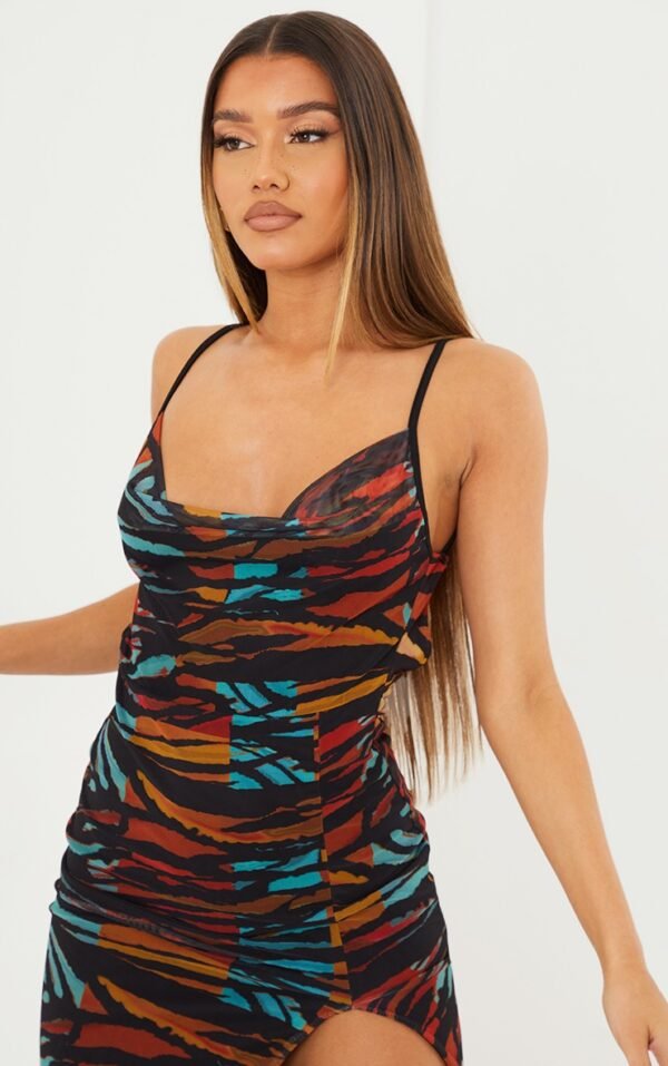 Multi Zebra Print Mesh Strappy Cowl Neck Low Back Maxi Dress