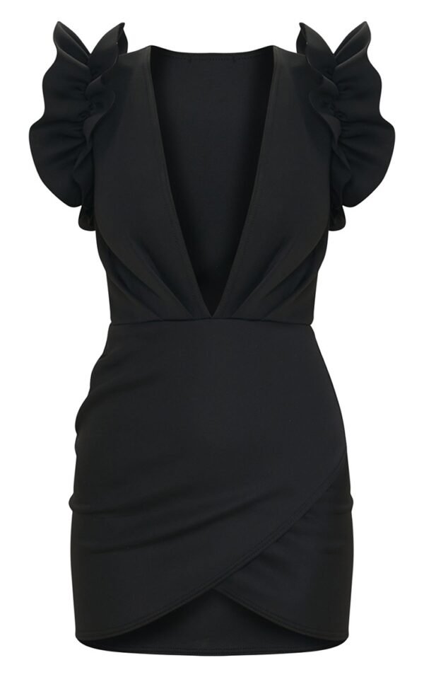 Black Scuba Frill Sleeve Plunge Bodycon Dress